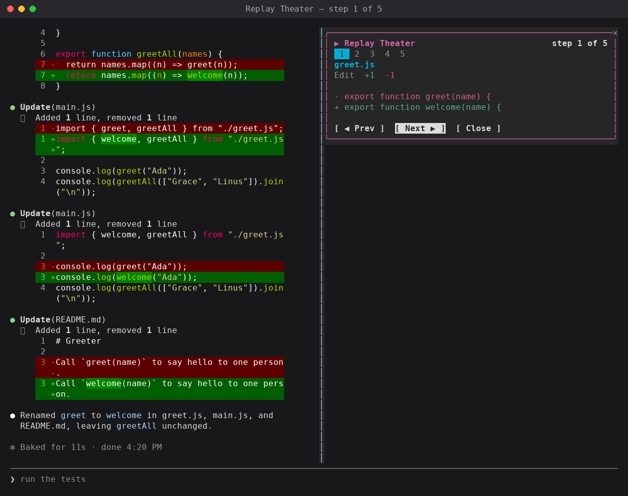 Anthropic's Replay Theater sample mod stepping through the file edits Claude made in the last turn, showing step 1 of 5 for greet.js