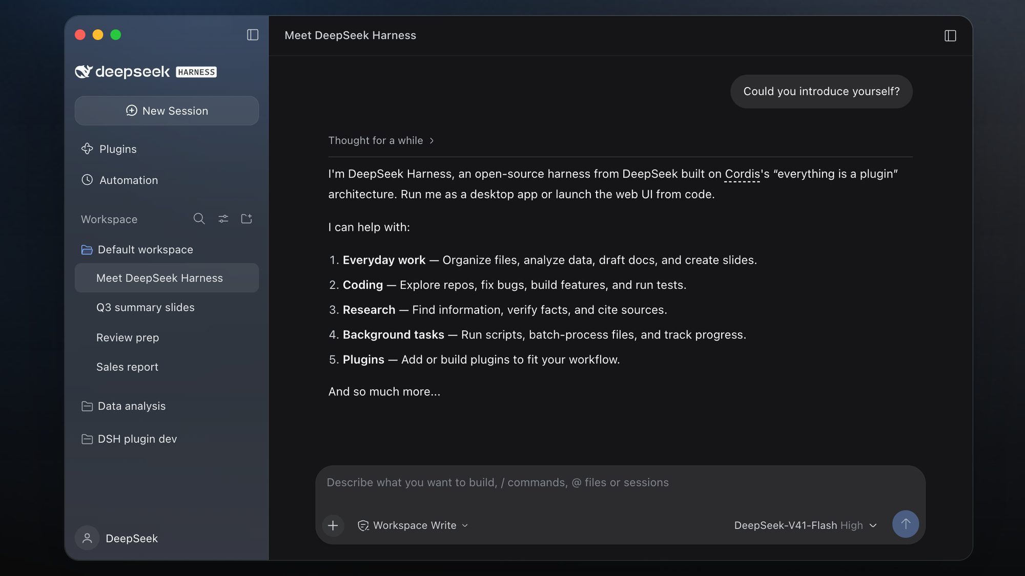 DeepSeek Harness desktop window from the official product page, with New Session, Plugins, Automation and the workspace list on the left and Workspace Write and DeepSeek-V41-Flash High under the composer