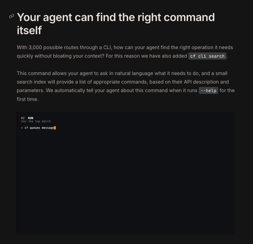 Official cf command-discovery explanation and complete animated terminal frame