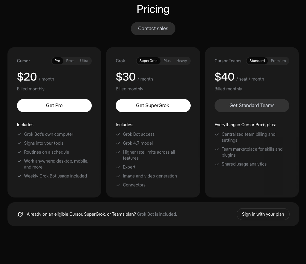Grok Bot's official plan cards showing monthly and per-seat units and access through eligible subscriptions.