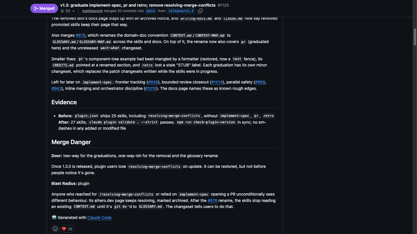 Official GitHub Pull Request #1120 in mattpocock/skills showing the Evidence and Merge Danger sections generated by the pr skill