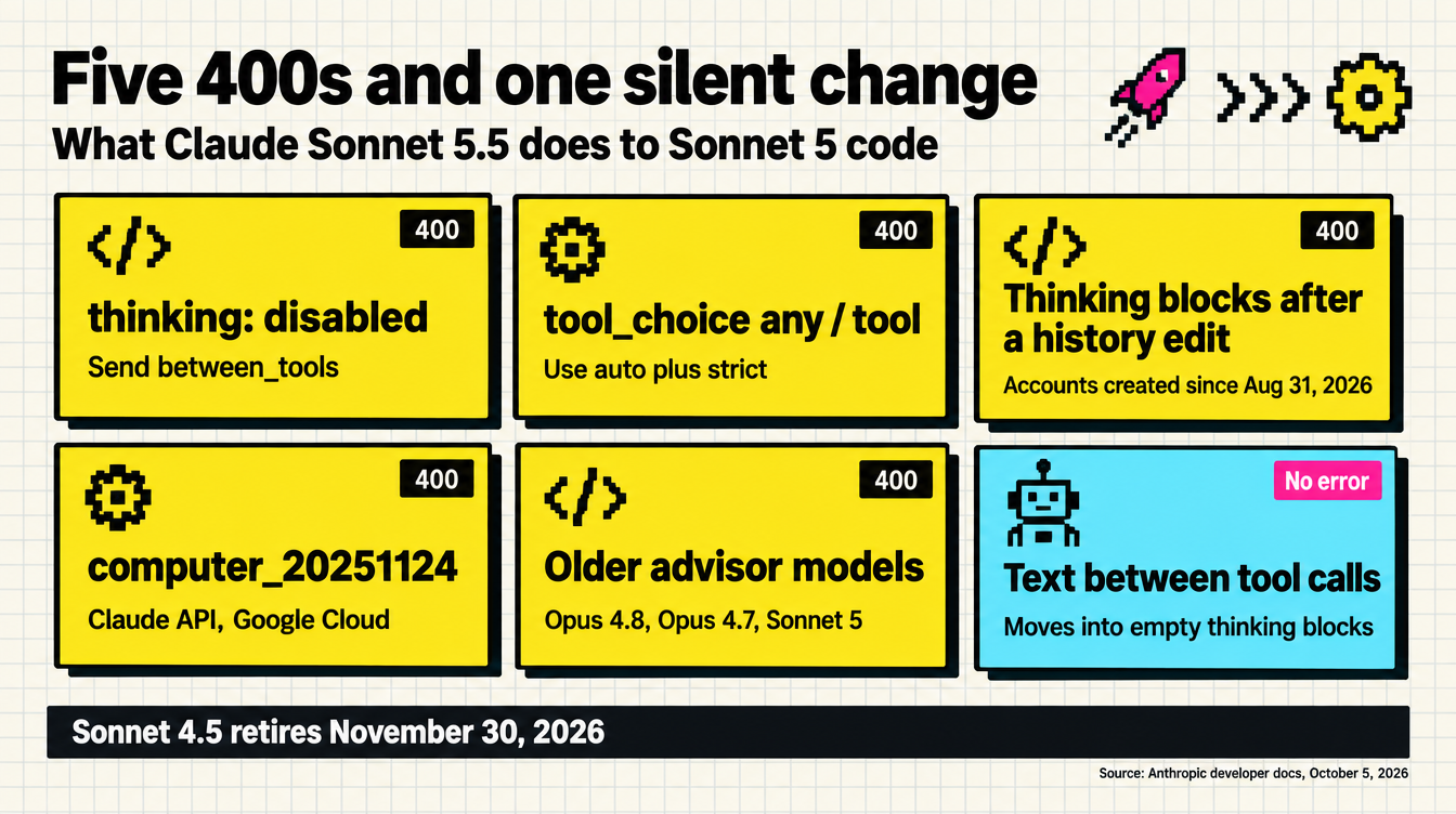 Overview of six Claude Sonnet 5.5 changes: five return a 400 error and one returns no error