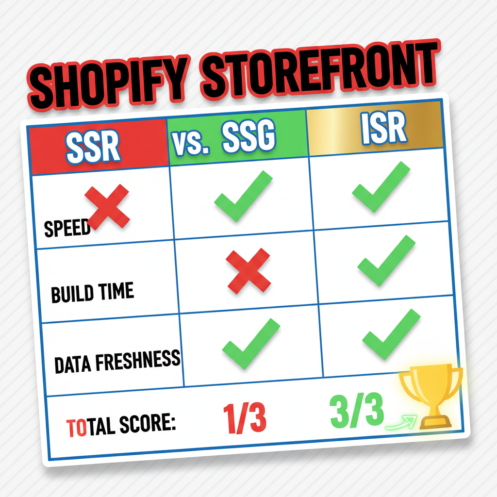 Shopify Storefront Rendering Strategies: SSR, SSG, ISR Compared